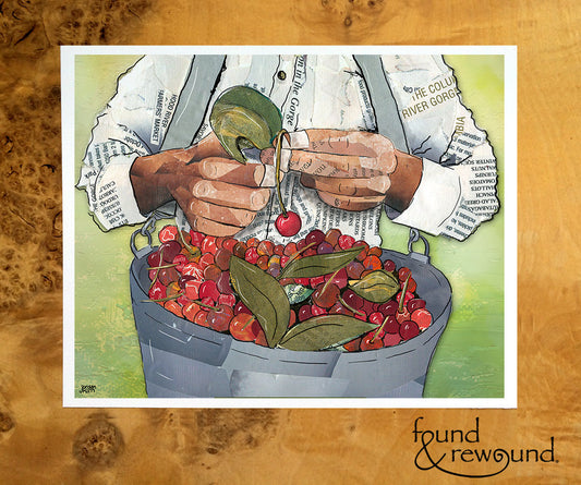 8x10 Art Print of a mixed media collage of person picking cherries, garden, farming, farm labor