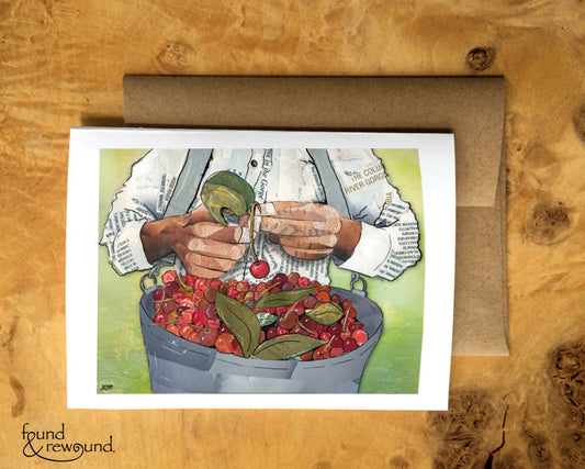 Greeting Card of mixed media collage of a farm worker picking cherries, farming, gardening - Blank Inside
