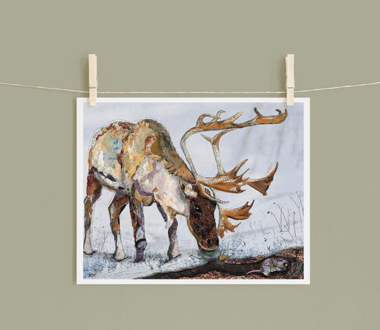 8x10 Art Print of a mixed media collage of an elk in the snow, with a gopher below, Yellowstone