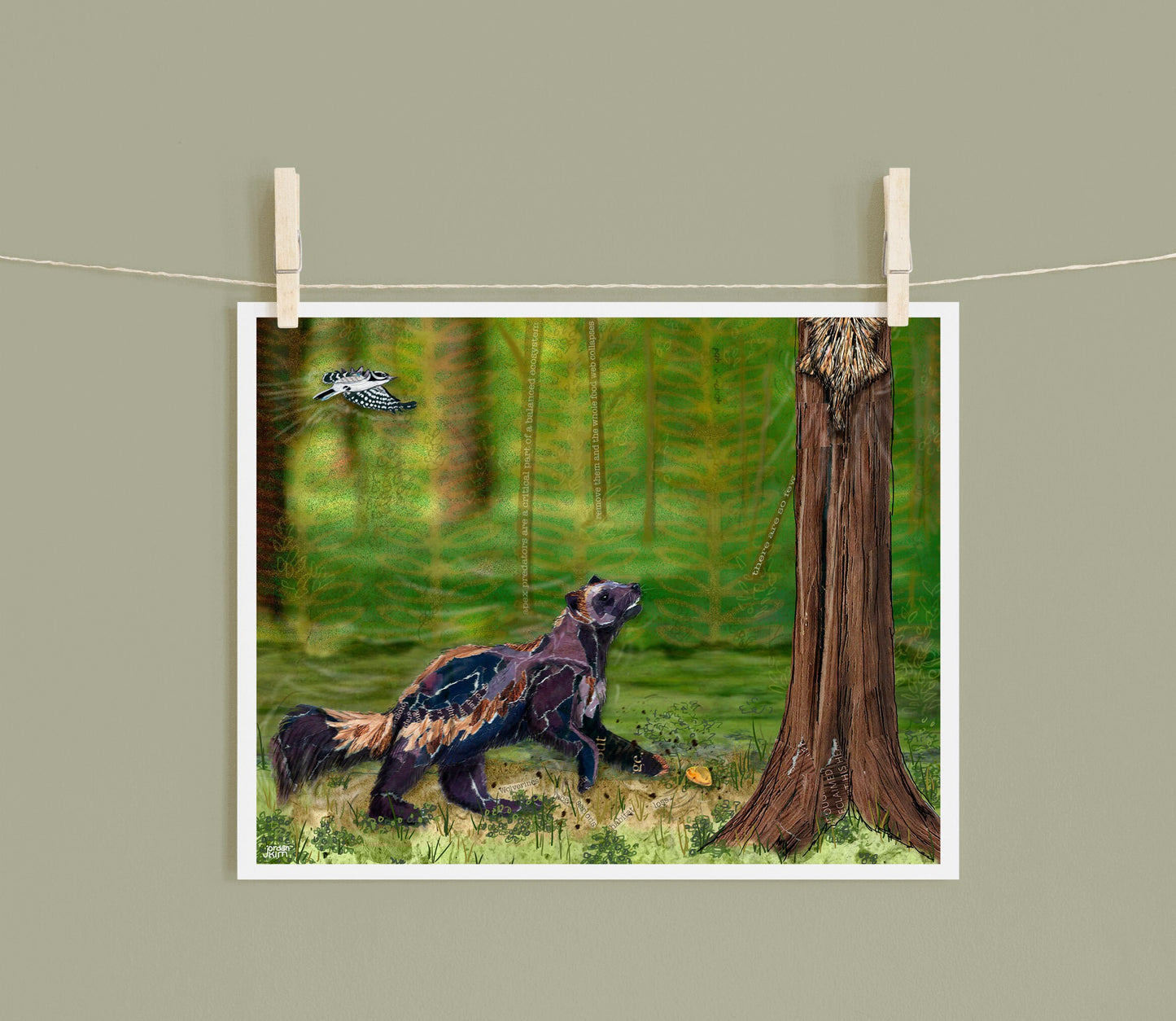 8x10 Art Print of a mixed media collage of a wolverine chasing a porcupine, Yellowstone