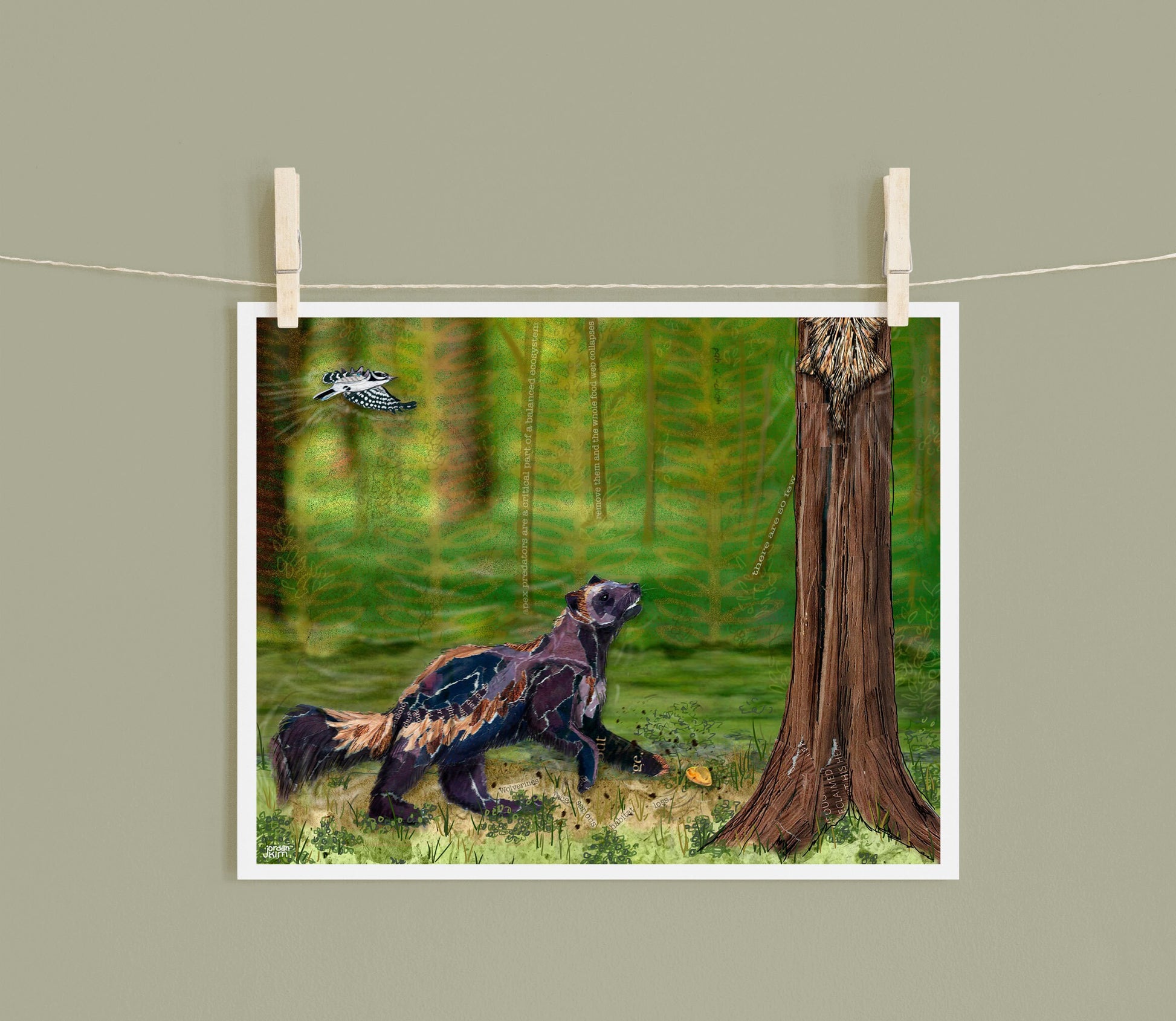 8x10 Art Print of a mixed media collage of a wolverine chasing a porcupine, Yellowstone