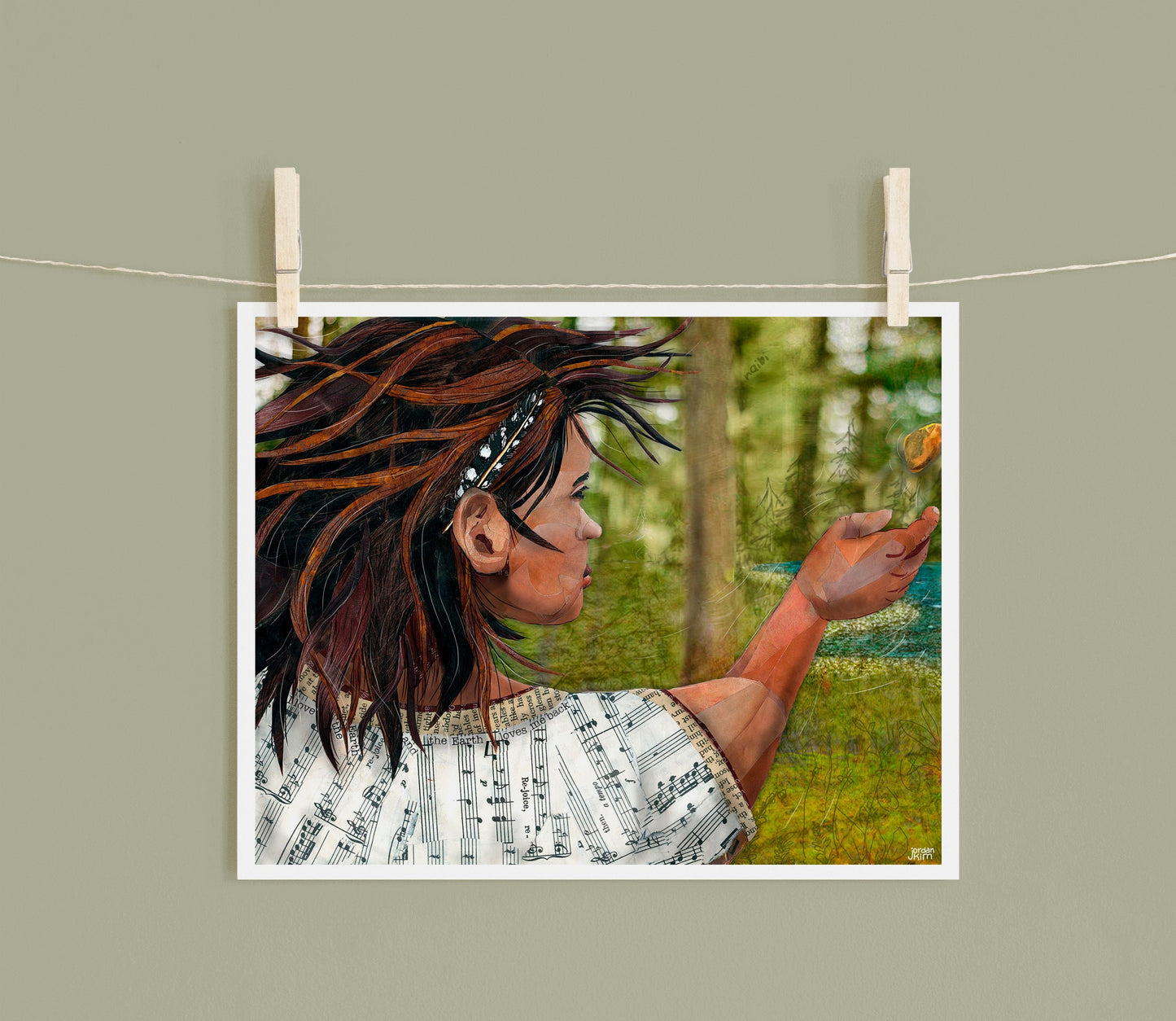 8x10 Art Print of a mixed media collage of a girl throwing a stone with a feather behind her ear, Yellowstone