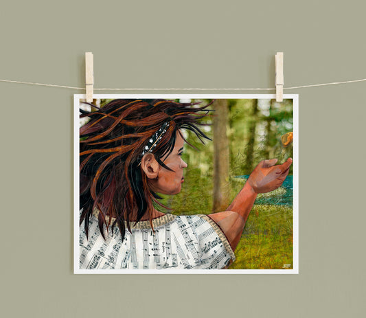 8x10 Art Print of a mixed media collage of a girl throwing a stone with a feather behind her ear, Yellowstone