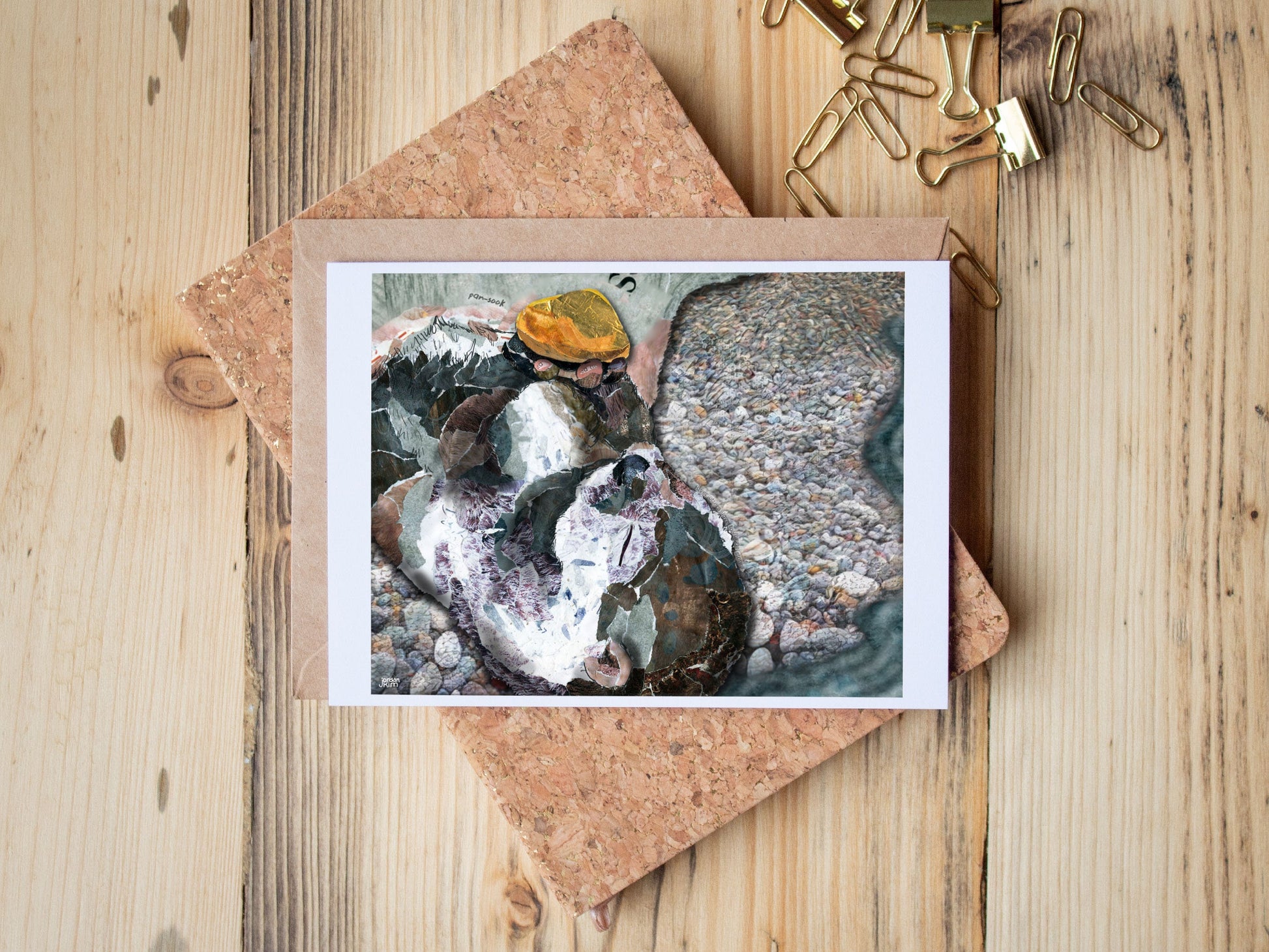 Greeting Card of mixed media collage of a river otter juggling a yellow stone, Yellowstone - Blank Inside