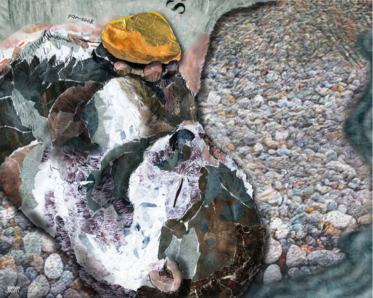 8x10 Art Print of a mixed media collage of a river otter juggling a stone, Yellowstone