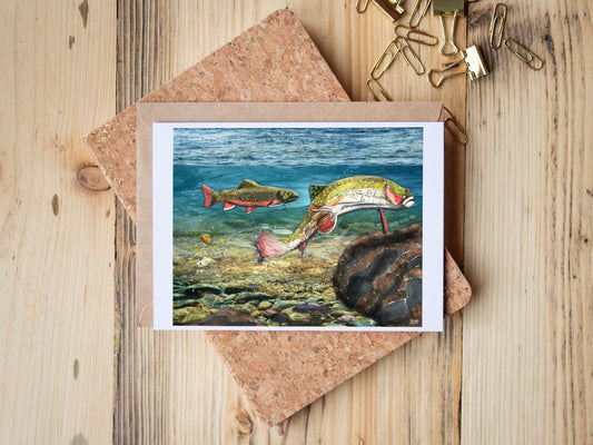 Greeting Card of mixed media collage of brook trout making a redd, Yellowstone - Blank Inside