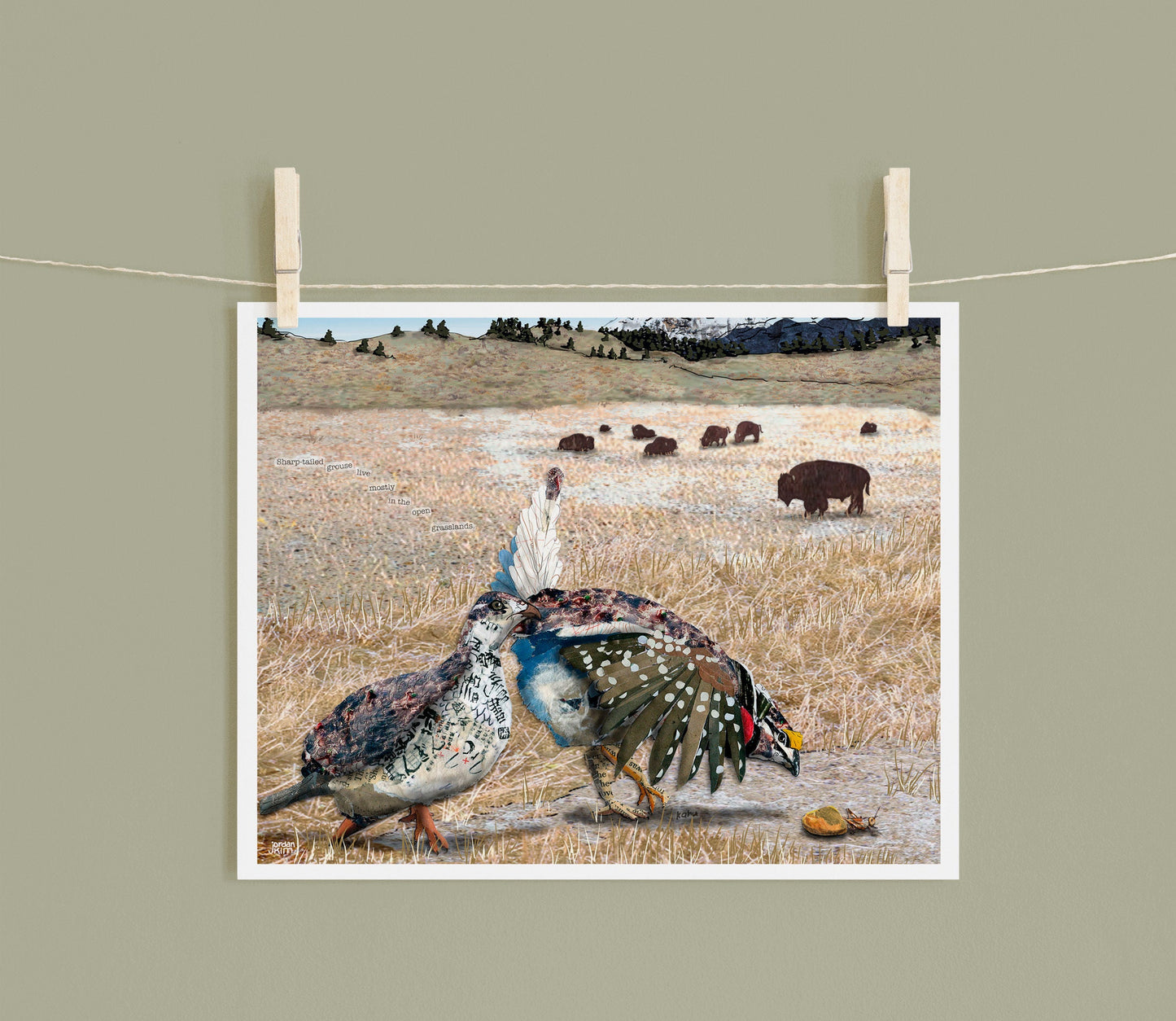 8x10 Art Print of a mixed media collage of a pair of sharp-tailed grouse hunting grasshoppers, Yellowstone