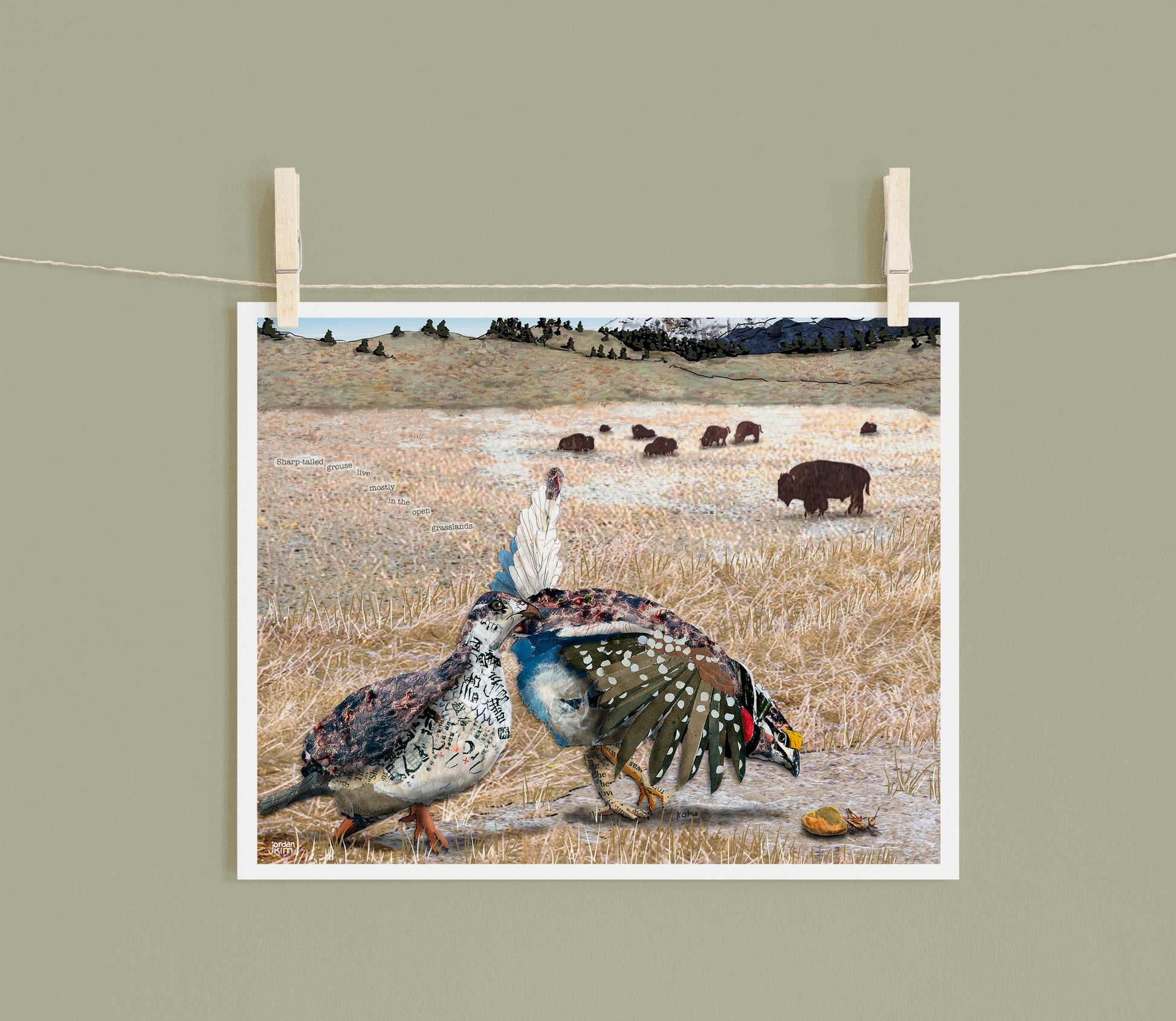 8x10 Art Print of a mixed media collage of a pair of sharp-tailed grouse hunting grasshoppers, Yellowstone