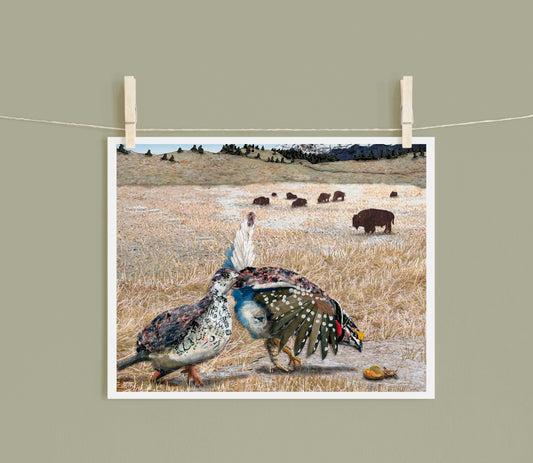 8x10 Art Print of a mixed media collage of a pair of sharp-tailed grouse hunting grasshoppers, Yellowstone