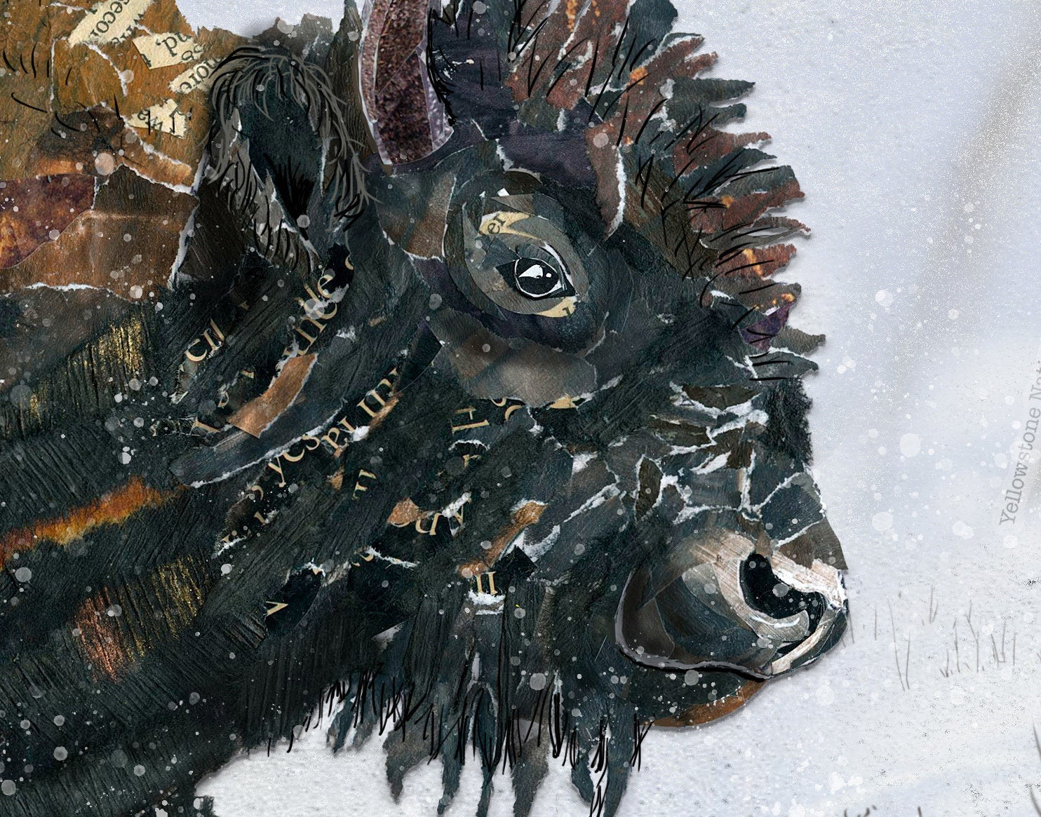 8x10 Art Print of a mixed media collage of a bison in the snow with an elk and gopher, Yellowstone