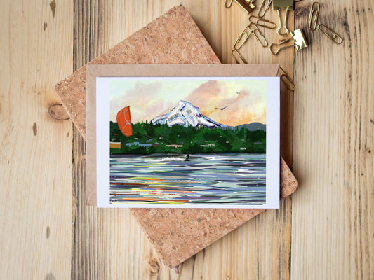 Greeting Card of mixed media collage of a person kite boarding on the Columbia River in Hood River, Oregon, Mt. Hood - Blank Inside