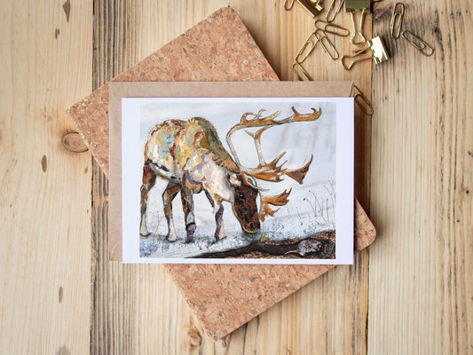 Greeting Card of mixed media collage of an elk in the snow, with a gopher below, Yellowstone - Blank Inside