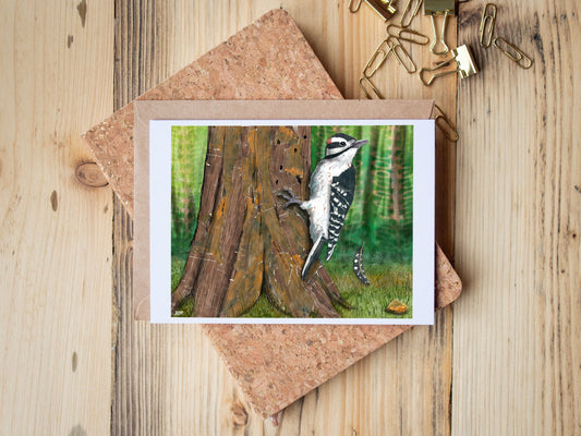 Greeting Card of mixed media collage of a hairy woodpecker hanging on a tree, Yellowstone - Blank Inside