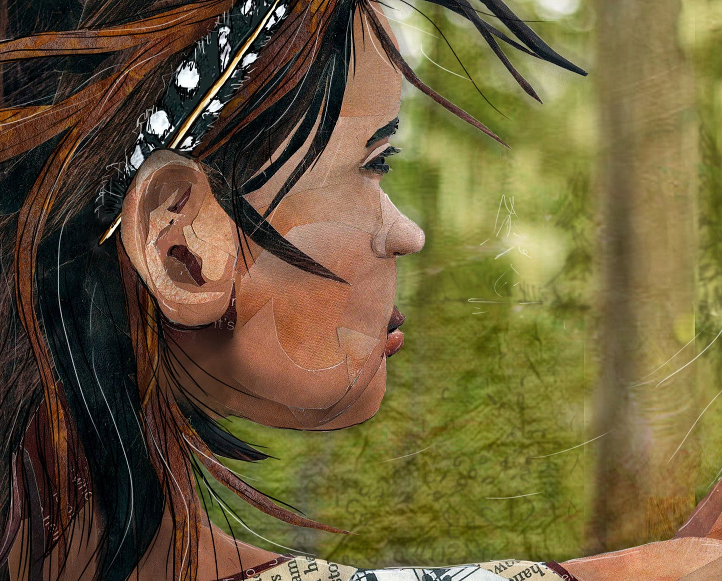8x10 Art Print of a mixed media collage of a girl throwing a stone with a feather behind her ear, Yellowstone