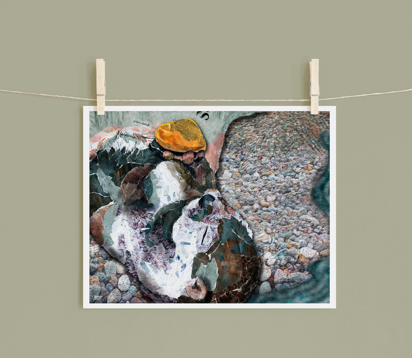 8x10 Art Print of a mixed media collage of a river otter juggling a stone, Yellowstone