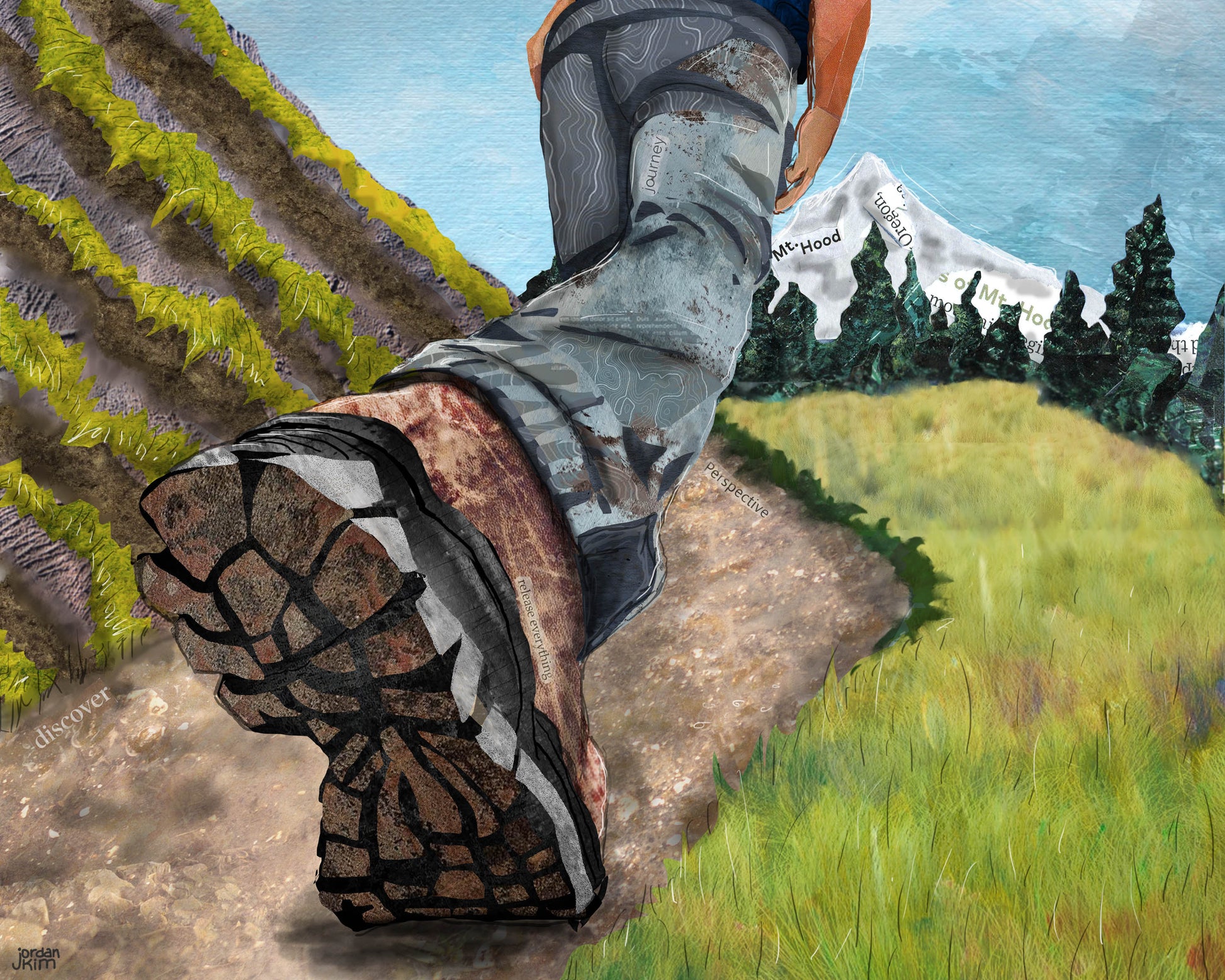 8x10 Art Print of a mixed media collage of a person hiking a trail toward Mt. Hood, Oregon