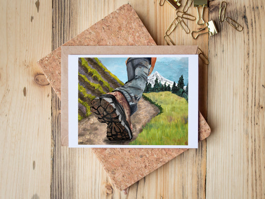 Greeting Card of mixed media collage of a person hiking a trail toward Mt. Hood - Blank Inside