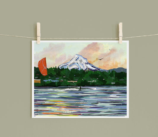 8x10 Art Print of a mixed media collage of a person kite boarding on the Columbia River in Hood River, Oregon