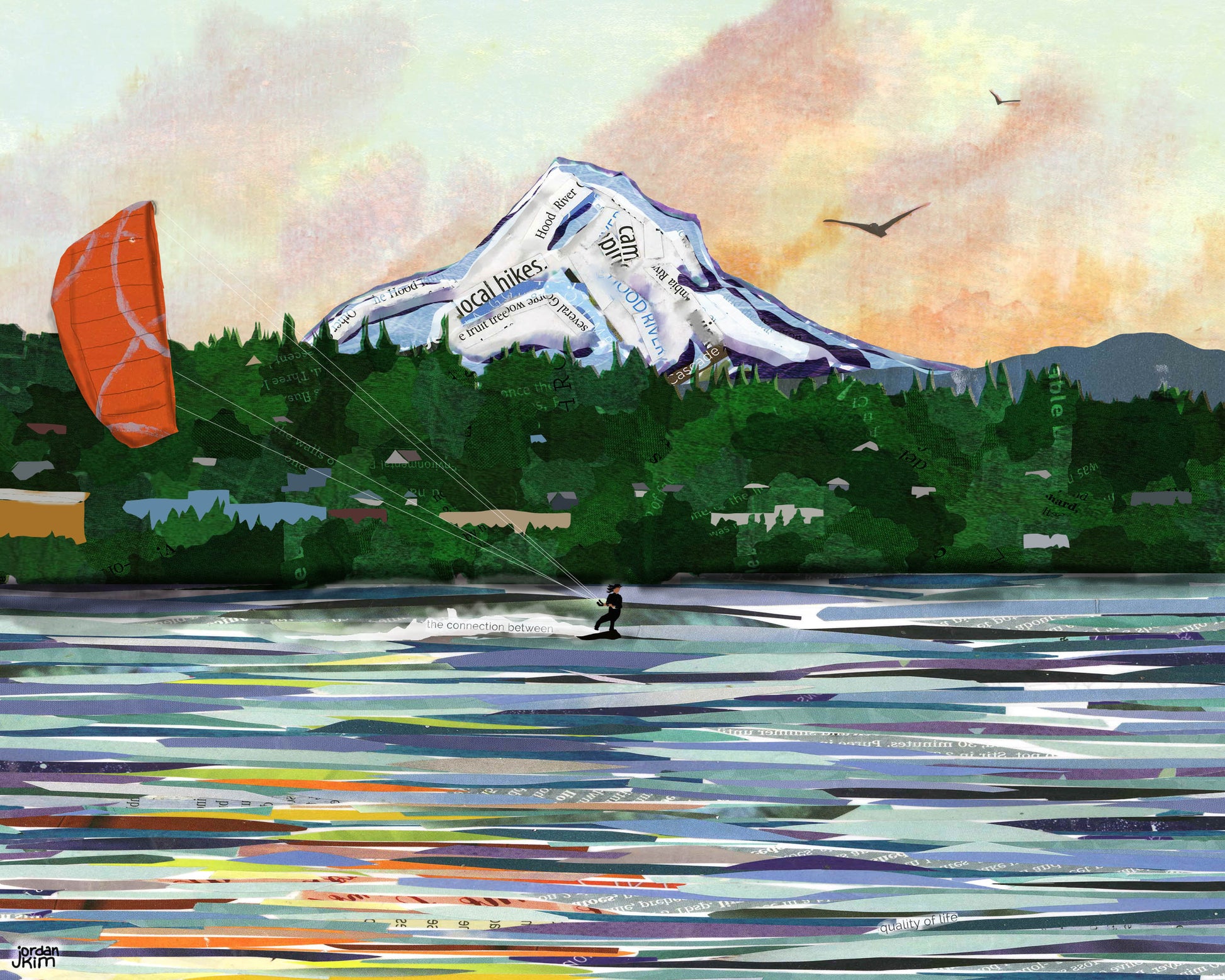 Greeting Card of mixed media collage of a person kite boarding on the Columbia River in Hood River, Oregon, Mt. Hood - Blank Inside