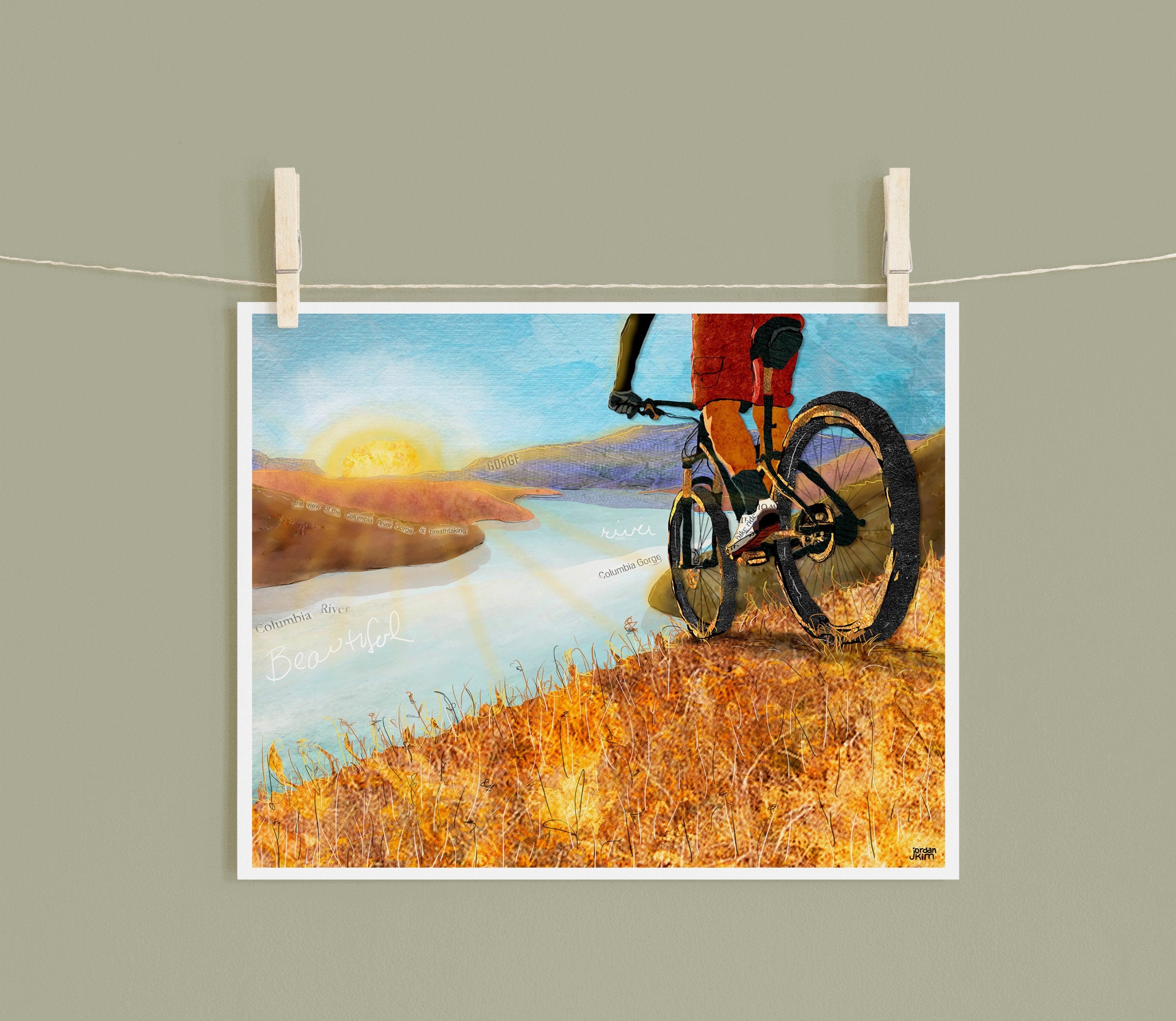 8x10 Art Print of a mixed media collage of a mountain biker looking over the Columbia River Gorge, sunset, vista