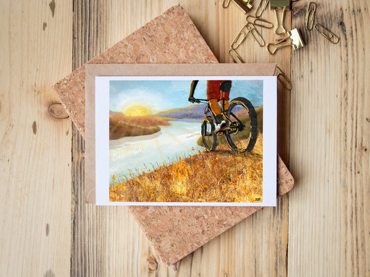 Greeting Card of mixed media collage of a mountain biker looking over the Columbia River Gorge, sunset, vista - Blank Inside