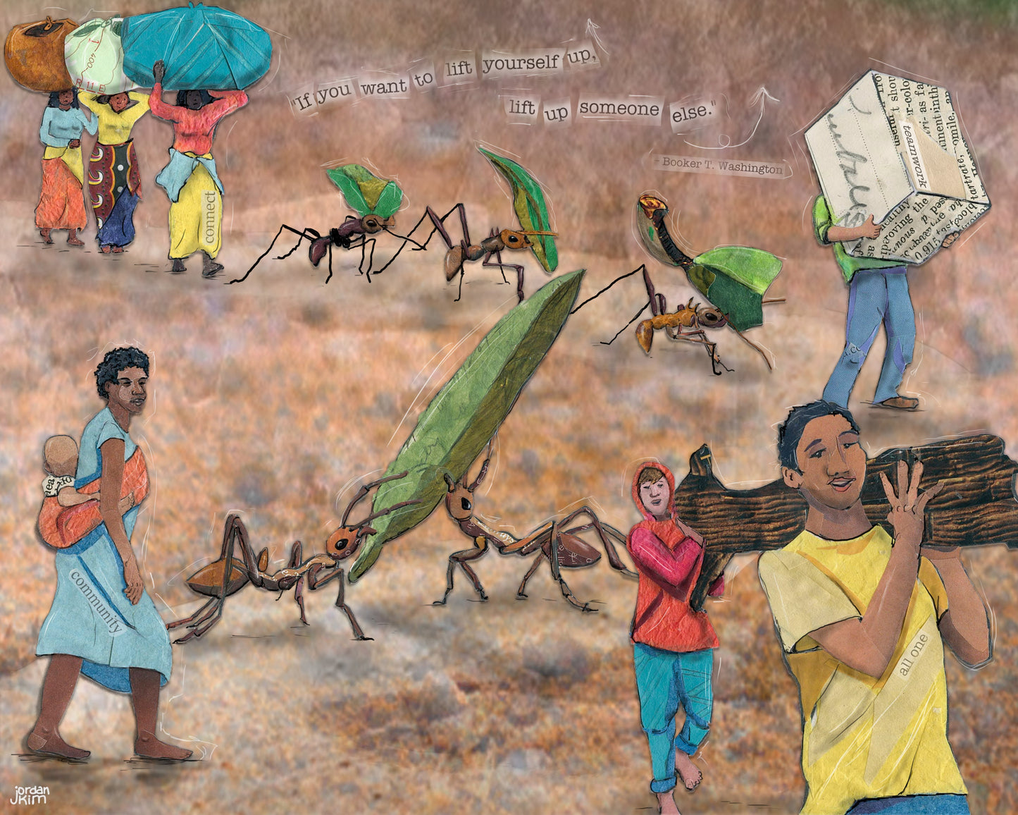 8x10 Art Print of a mixed media collage of people and ants carrying things together, connected, support, Booker t. Washington quote