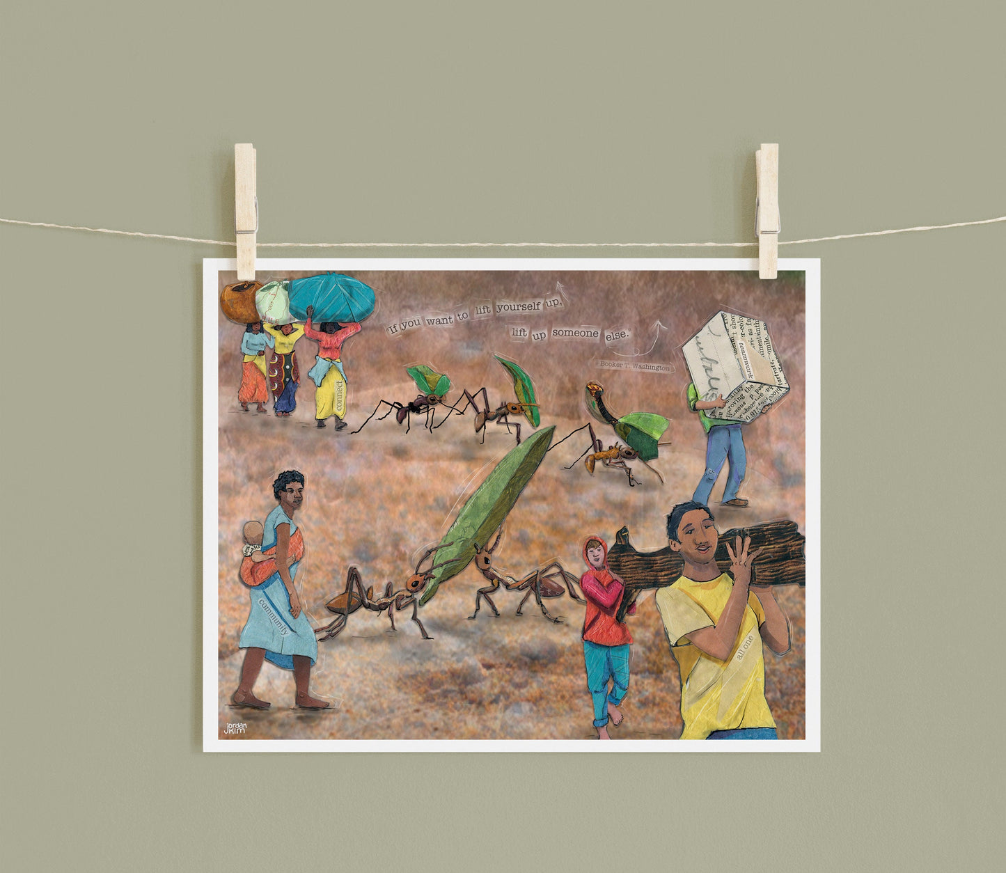 8x10 Art Print of a mixed media collage of people and ants carrying things together, connected, support, Booker t. Washington quote
