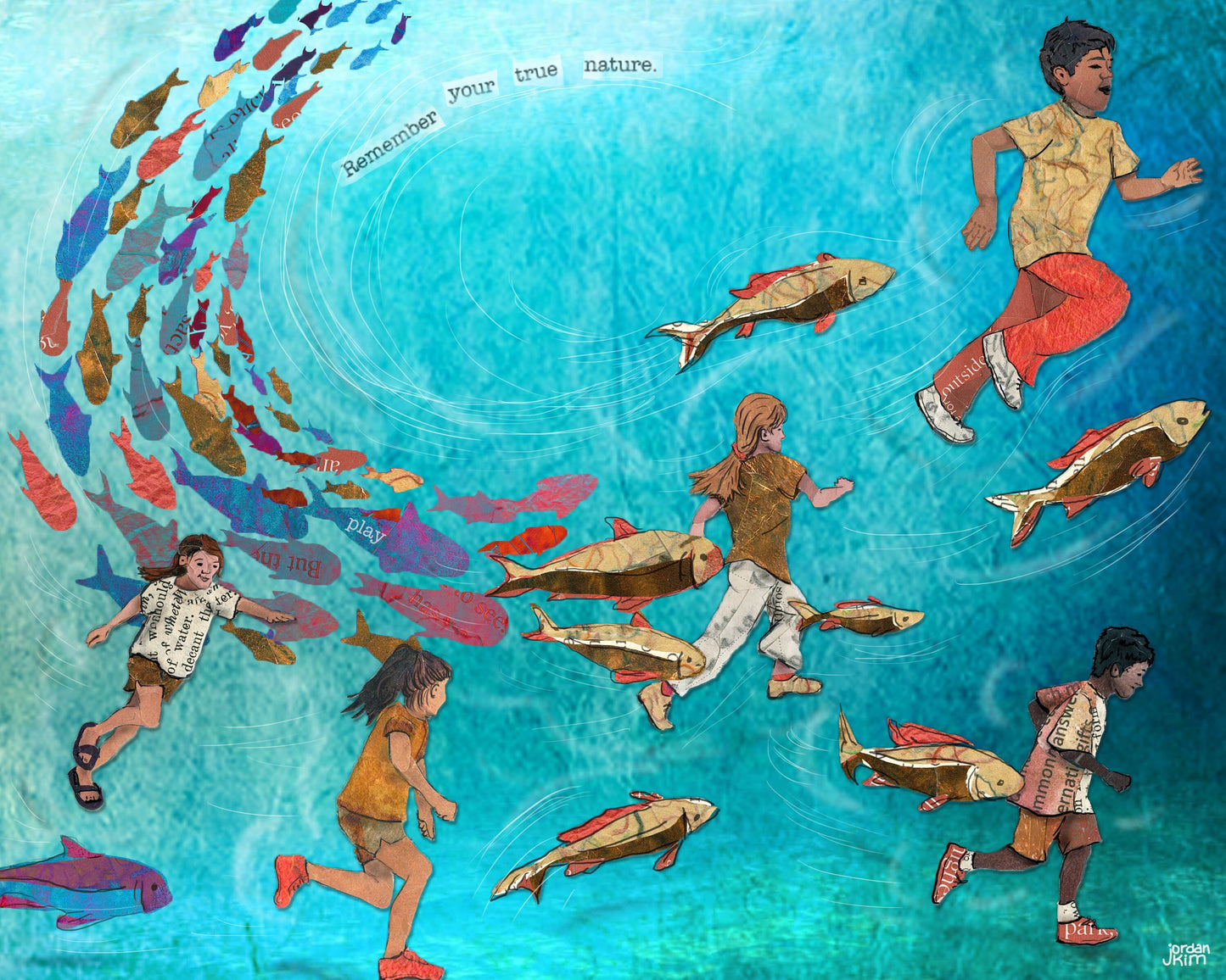 8x10 Art Print of a mixed media collage of children playing tag with schooling fish underwater, aqua, teal, play, connection to nature