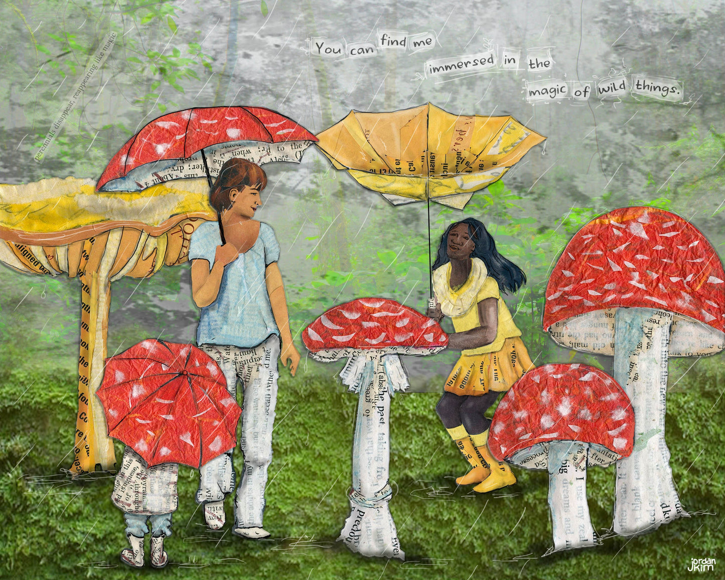 8x10 Art Print of a mixed media collage of people with umbrellas walking among mushrooms, magic, wild, connection to nature