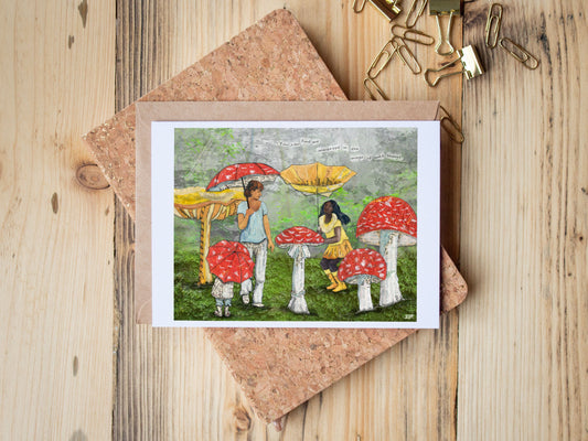 Greeting Card of mixed media collage of people with umbrellas walking among mushrooms, magic, wild, connection to nature - Blank Inside