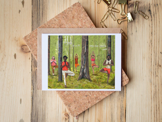 Greeting Card of mixed media collage of people doing tree pose, yoga in the forest, diversity, rooted, connection to nature - Blank Inside