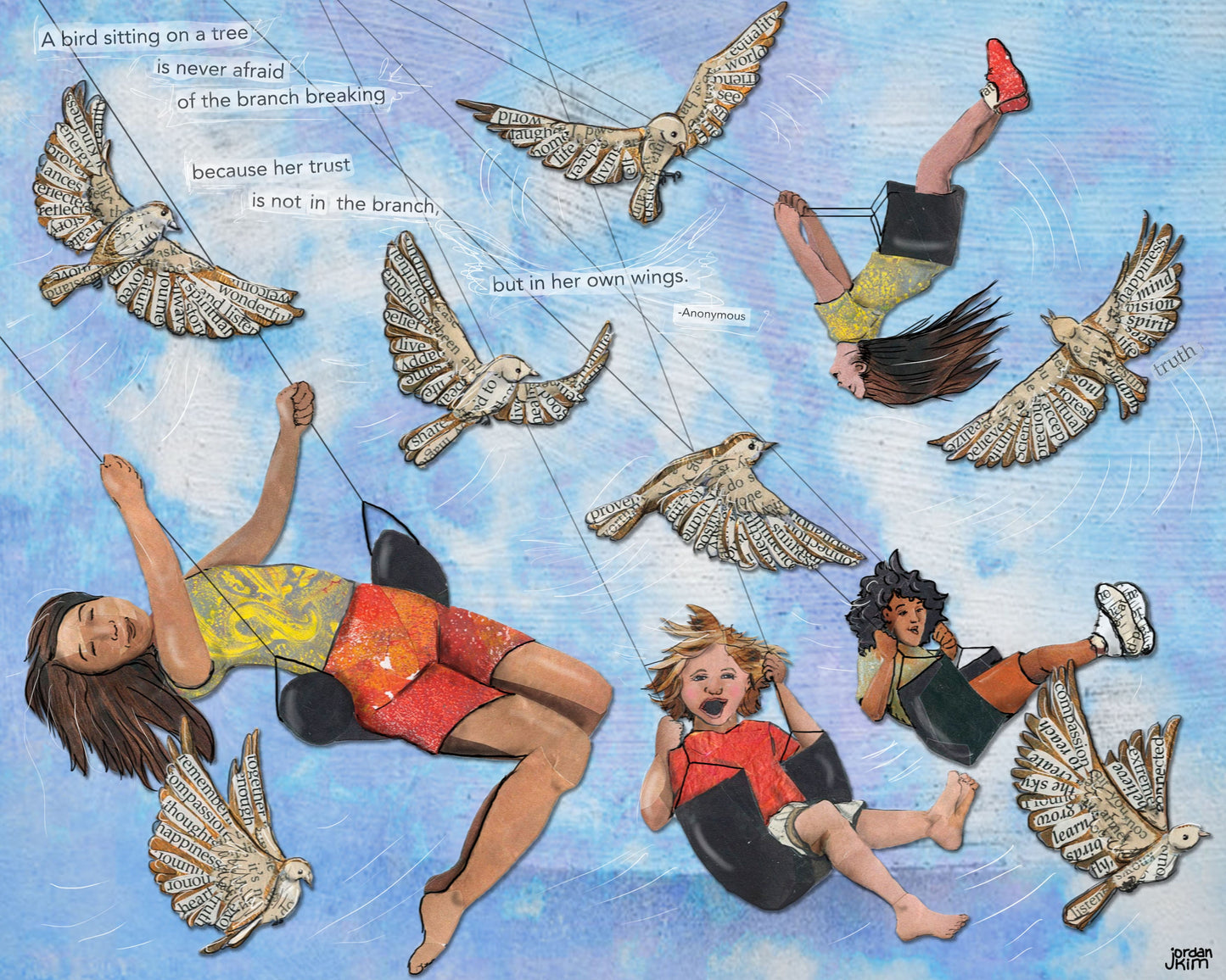 8x10 Art Print of a mixed media collage of children swinging in the air with birds flying around them, inspirational quote
