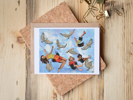 Greeting Card of mixed media collage of children swinging in the air with birds flying around them, inspirational quote - Blank Inside