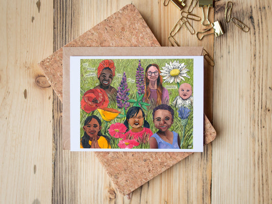 Greeting Card of mixed media collage of a diversity of children's faces in a field of flowers, inspirational quote - Blank Inside