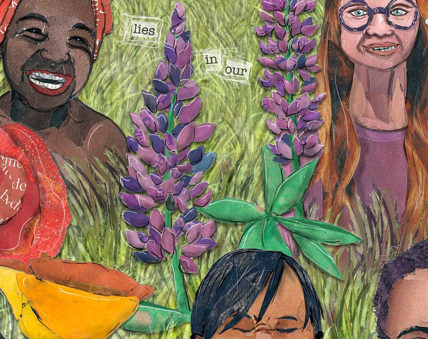 Greeting Card of mixed media collage of a diversity of children's faces in a field of flowers, inspirational quote - Blank Inside
