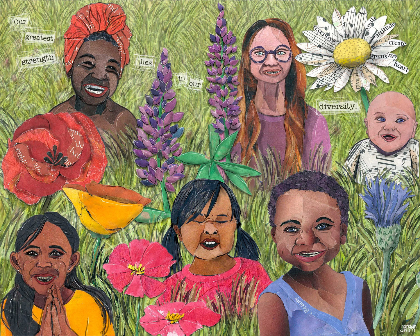 8x10 Art Print of a mixed media collage of a diversity of children's faces in a field of flowers, inspirational quote, connection to nature