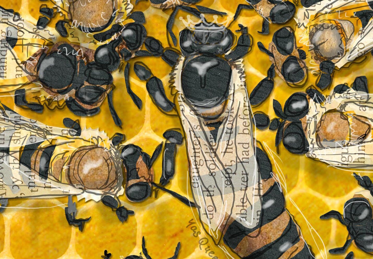 Greeting Card of mixed media collage of a retinue of honeybee workers surrounding the queen, women helping women - Blank Inside