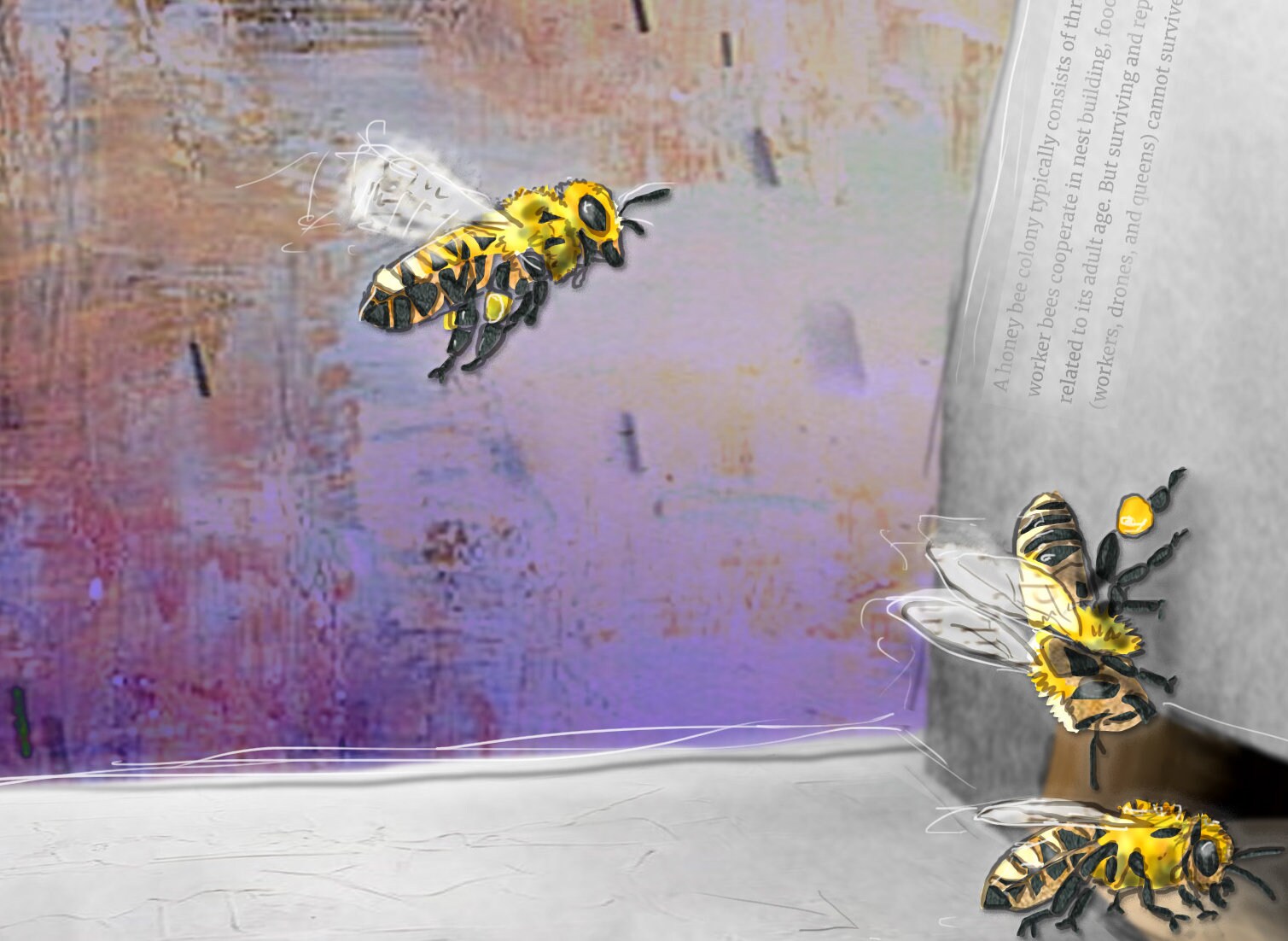 Greeting Card of mixed media collage of honeybees flying back to their hive, returning home, inspirational quote - Blank Inside