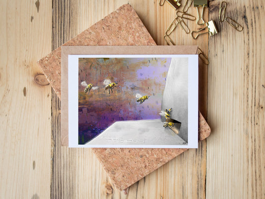 Greeting Card of mixed media collage of honeybees flying back to their hive, returning home, inspirational quote - Blank Inside