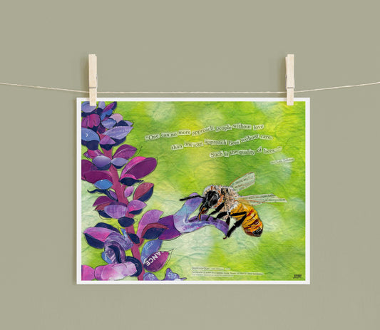 8x10 Art Print of a mixed media collage of a honeybee drinking nectar from a lupine flower, inspirational quote, love, pollination