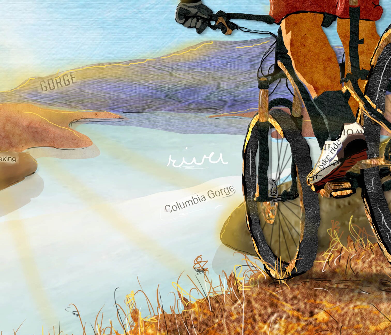 Greeting Card of mixed media collage of a mountain biker looking over the Columbia River Gorge, sunset, vista - Blank Inside