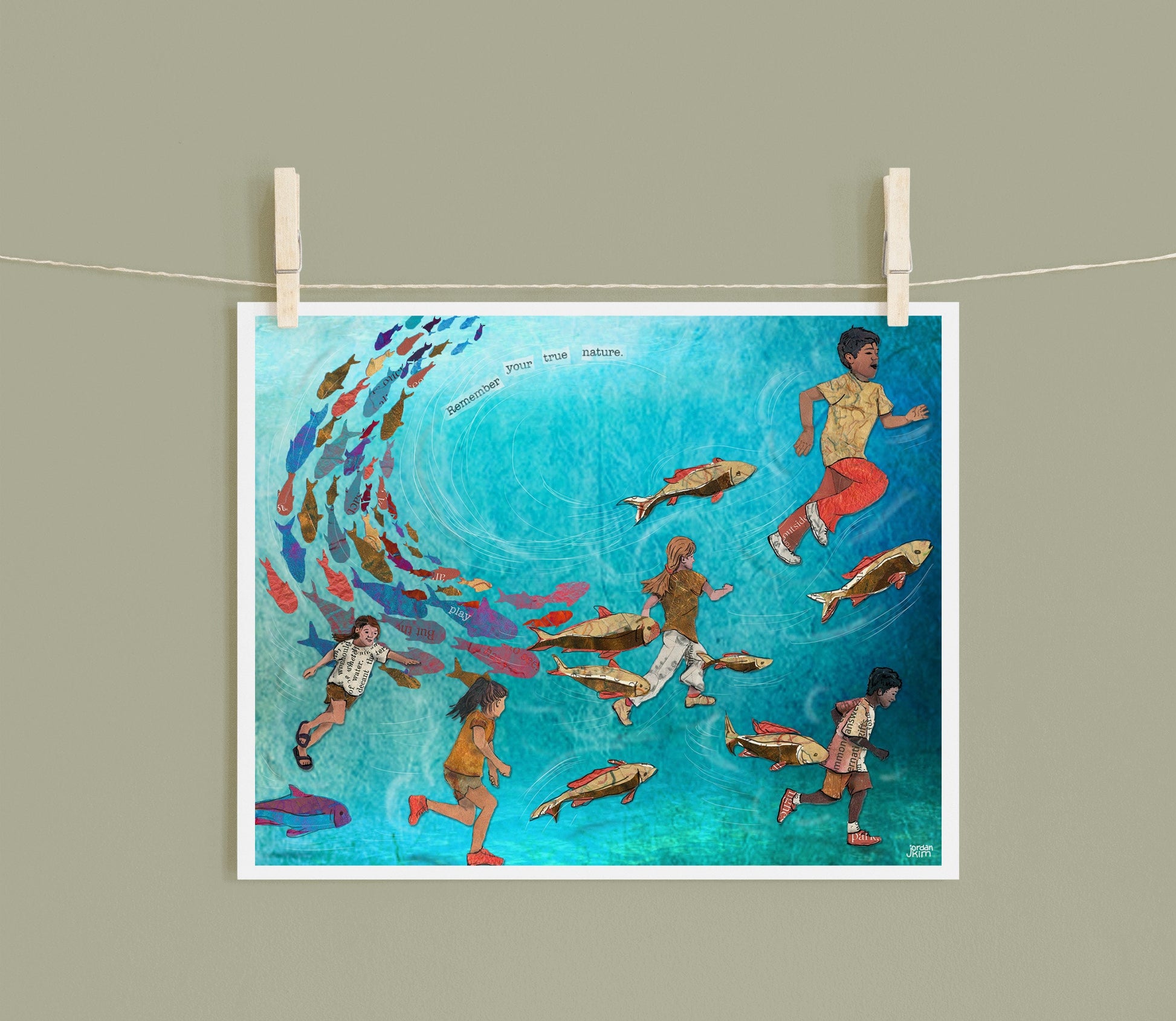 8x10 Art Print of a mixed media collage of children playing tag with schooling fish underwater, aqua, teal, play, connection to nature