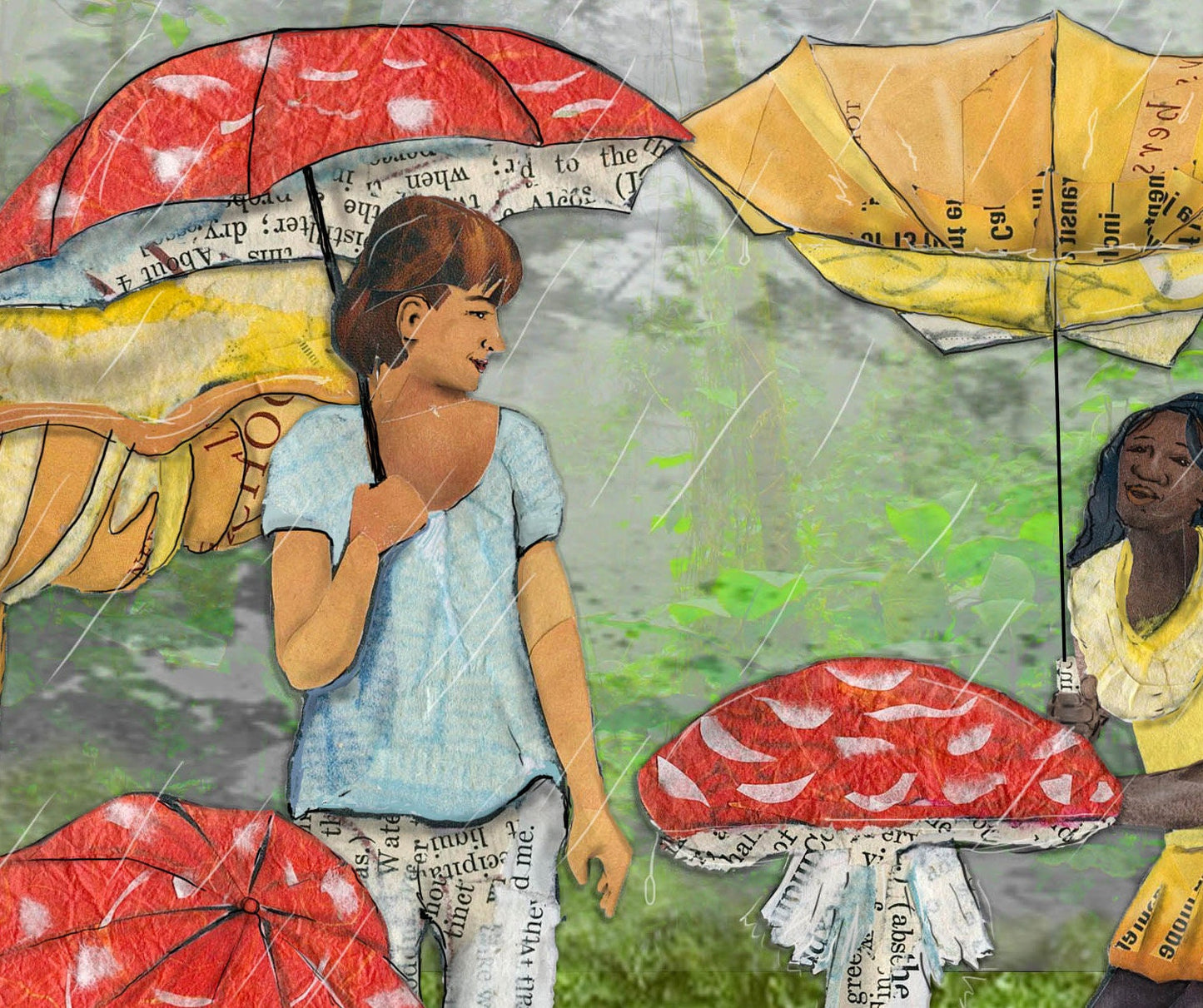 Greeting Card of mixed media collage of people with umbrellas walking among mushrooms, magic, wild, connection to nature - Blank Inside