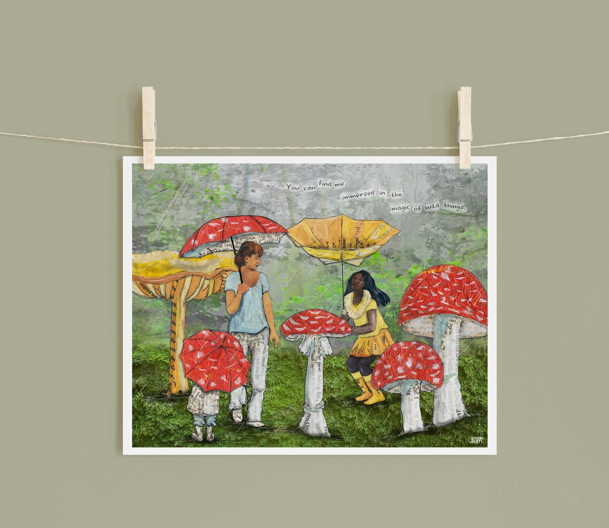 8x10 Art Print of a mixed media collage of people with umbrellas walking among mushrooms, magic, wild, connection to nature