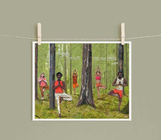 8x10 Art Print of a mixed media collage of people doing tree pose, yoga in the forest, diversity, rooted, connection to nature