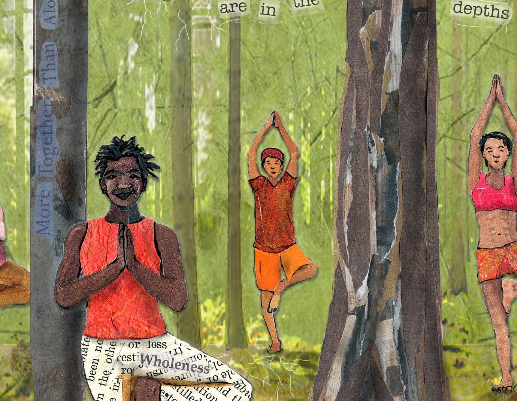 Greeting Card of mixed media collage of people doing tree pose, yoga in the forest, diversity, rooted, connection to nature - Blank Inside