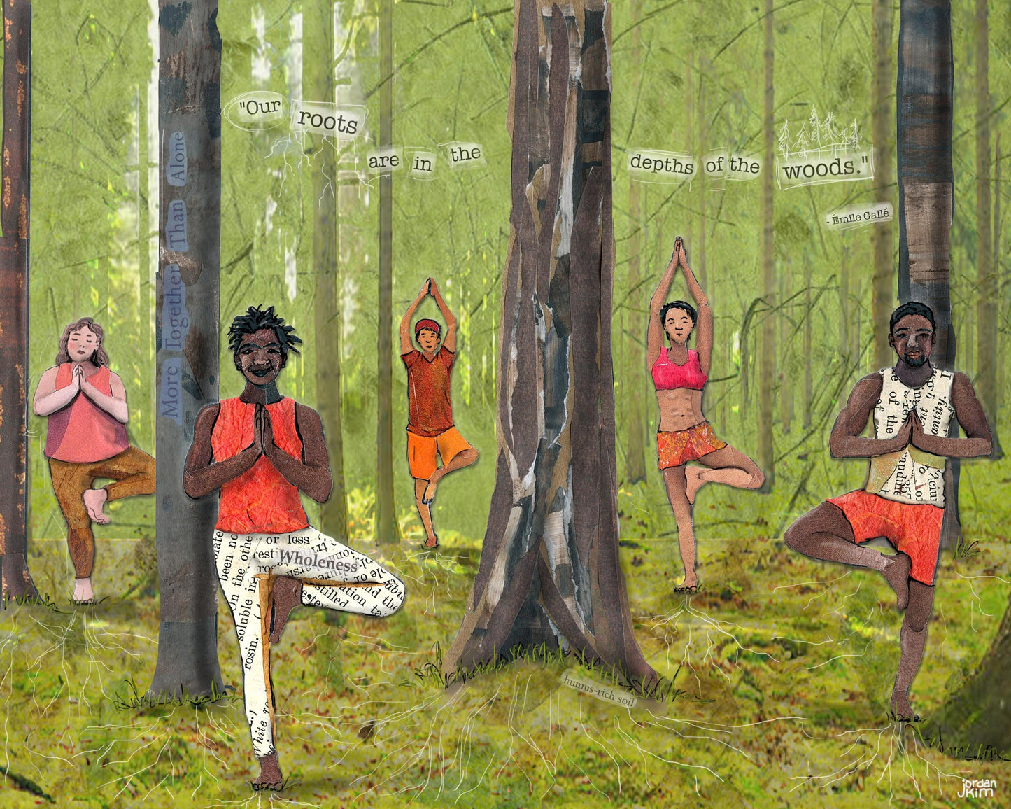 8x10 Art Print of a mixed media collage of people doing tree pose, yoga in the forest, diversity, rooted, connection to nature