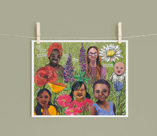 8x10 Art Print of a mixed media collage of a diversity of children's faces in a field of flowers, inspirational quote, connection to nature