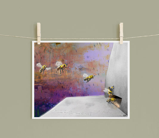 8x10 Art Print of a mixed media collage of honeybees flying back to their hive, returning home, inspirational quote