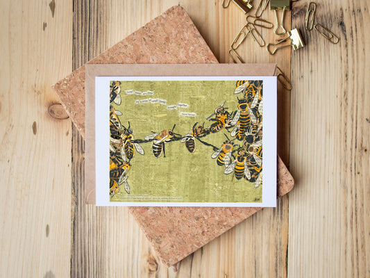 Greeting Card of mixed media collage of honeybees festooning, holding each other, legs, support, help, inspirational quote - Blank Inside